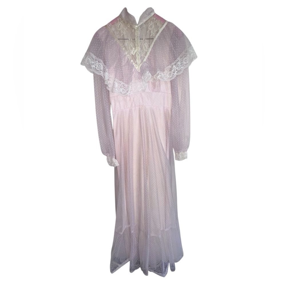 Vintage 70s Lace Prairie Maxi Dress Sheer Polka Dot Gunne Sax Style - Picture 2 of 15